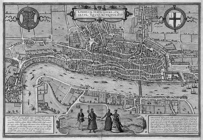 Figure 4: London (c. 1550) first published 1572.  Open land with grazed livestock began within a few hundred yards of the wall.  Suburban sprawl in Westminster is evident (Keene, 2000, 77)   
